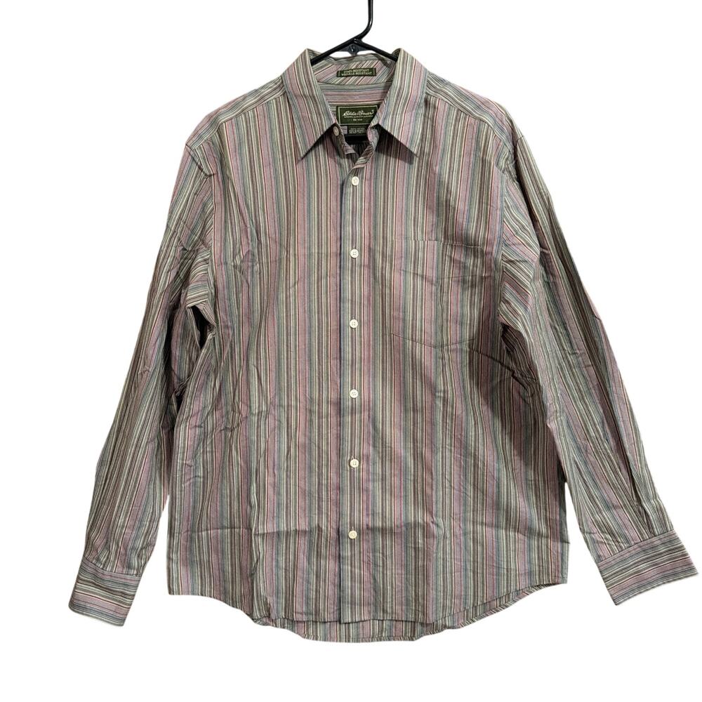 Eddie Bauer Mens Shirt Multicolored Stripe Wrinkle Free Stain Resistant Medium